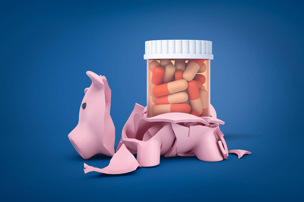 3d rendering of broken piggy bank with pills in plastic jar inside on blue background - Foto, imagen