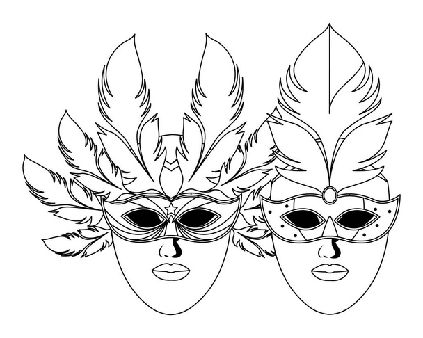 Masken und Federn schwarz-weiß - Vektor, Bild
