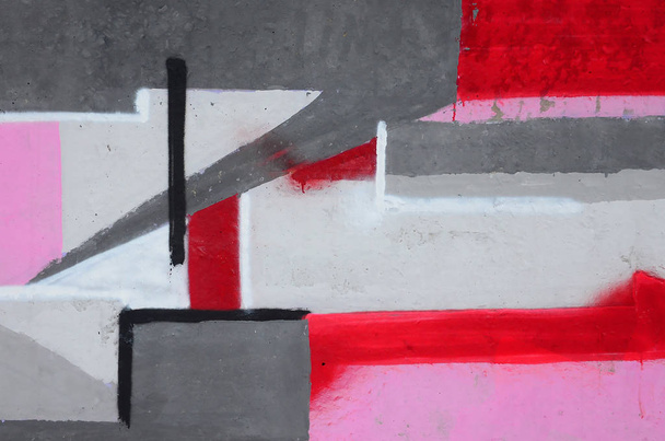 Fragment farbiger Street-Art-Graffiti-Gemälde mit Konturen und Schattierungen aus nächster Nähe. Hintergrund Textur der zeitgenössischen Jugendkultur. rosa, rote und schwarze Farben - Foto, Bild