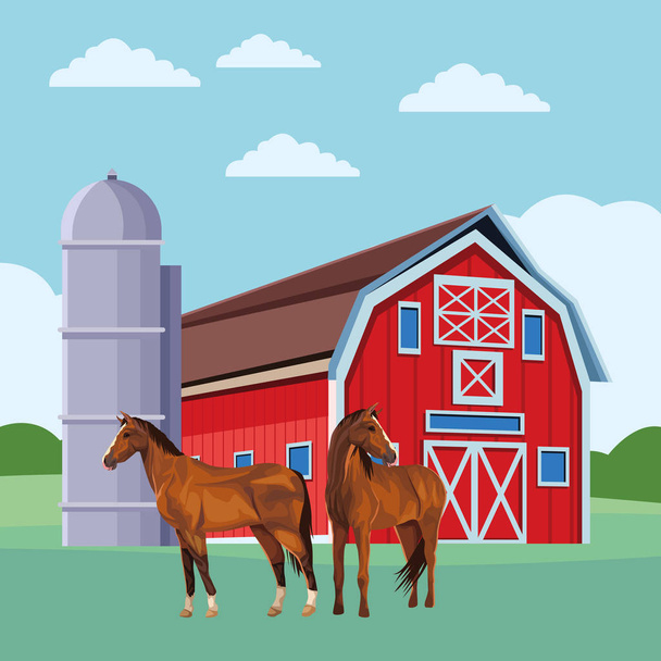barn and horses - Vector, Image