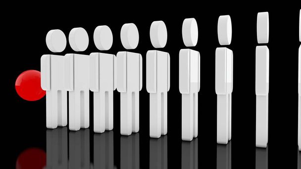 3D иллюстрация ряда стоячих фигур белых людей и красного шара. Изображение на черном фоне с отражающей поверхностью. 3D рендеринг. Идея человеческого общества
. - Фото, изображение