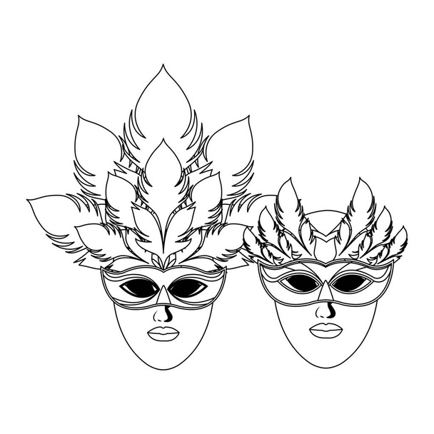 masks and feathers black and white - Vector, Image