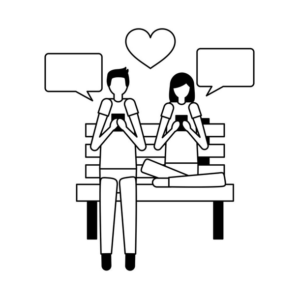 casal usando móvel no parque de banco
 - Vetor, Imagem