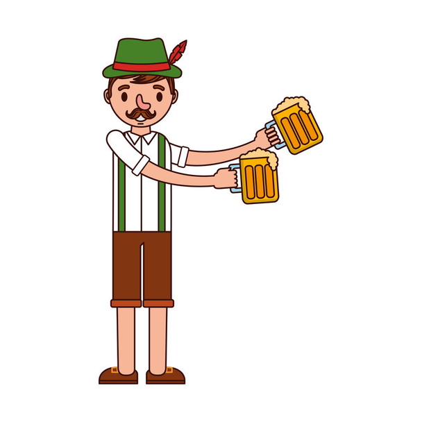 γερμανική άνθρωπος με χαρακτηριστική φορεσιά και μπύρες - Διάνυσμα, εικόνα