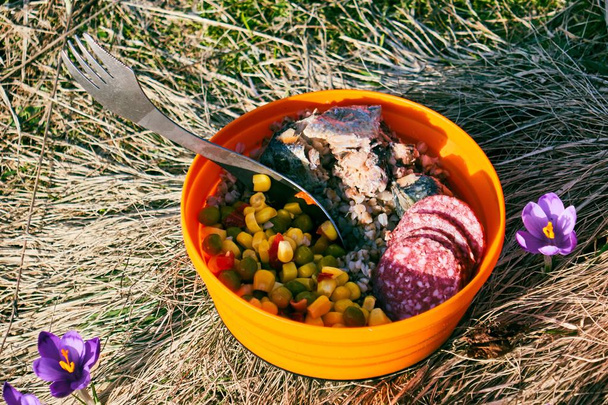 obiad turysta na kempingu, składany talerz i filiżankę na trawie wśród krokusów kwiatów na tle zachodu słońca - Zdjęcie, obraz