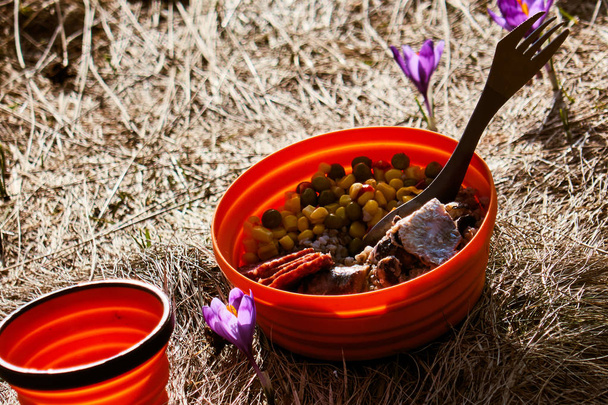 δείπνο τουρίστρια στο κάμπινγκ, ένα πτυσσόμενο πιάτο και ένα φλιτζάνι στο γρασίδι μεταξύ των λουλουδιών κρόκους στο φόντο του ηλιοβασιλέματος - Φωτογραφία, εικόνα