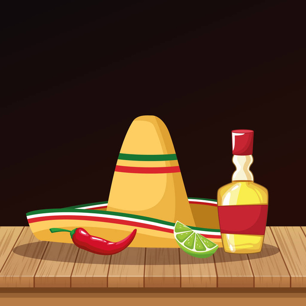 Mexicaanse hoed en Tequila od cartoons - Vector, afbeelding