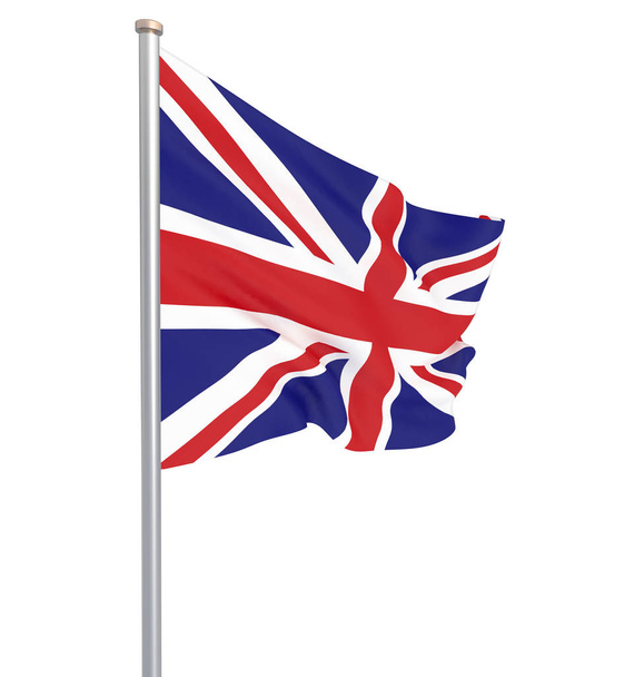 Размахивая флагом Великобритании. Иллюстрация европейского флага страны на флагштоке красного и белого цветов. 3d иконка на белом фоне - Иллюстрация
 - Фото, изображение