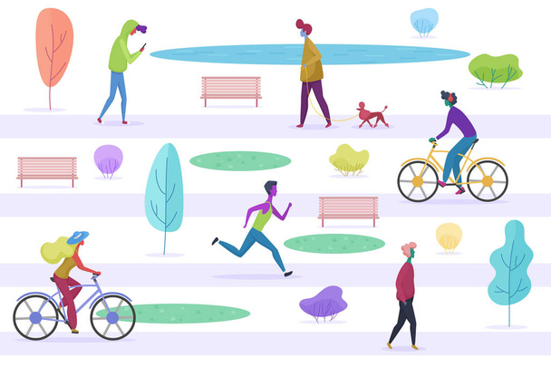 Stylized male and female people walking with pets, cycling, running, listening to the misic, enjoying time, texting in the city park. Flat cartoon trendy vector illustration. - Vektör, Görsel