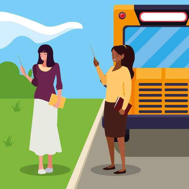 межрасовые женщины-учителя в автобусных остановках
 - Вектор,изображение