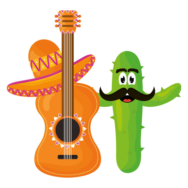 mexican cactus with hat and guitar comic character - Vector, Image