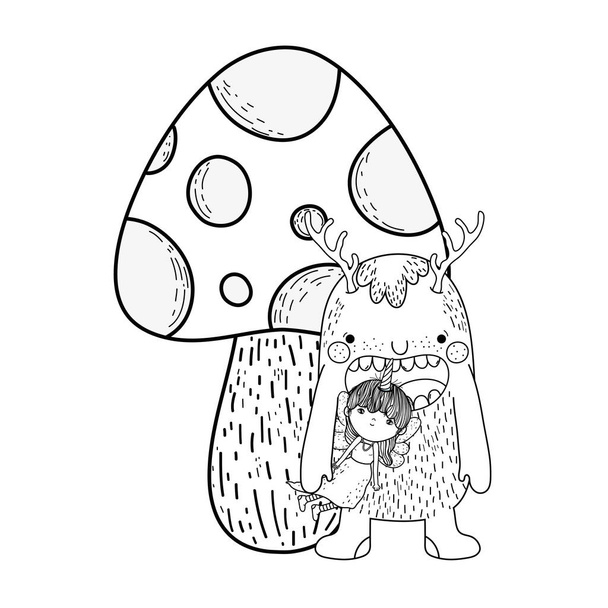 little fairy with monster and fungus - Vector, Image