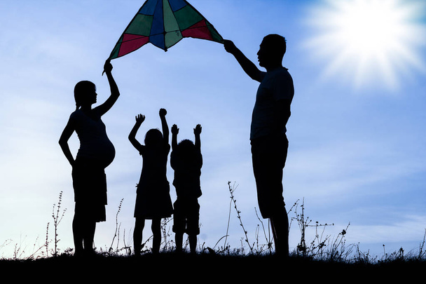 Glückliche Familie spielt auf Natur Sommer Silhouette - Foto, Bild