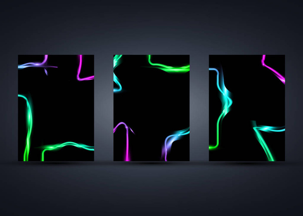 set colorful rectangle template with neon shiny glowing vintage frame isolated or black background. Cards Fluorescent light Multicolored neon tube realistic luminous vibrations border, vector fashion - Vector, Image