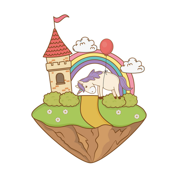unicorn with castle and rainbow in the field - Vector, Image
