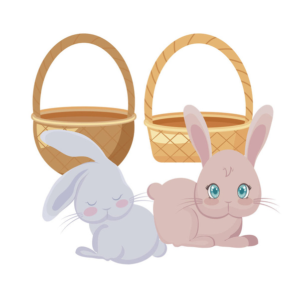 conejos lindos en cestas de mimbre
 - Vector, imagen