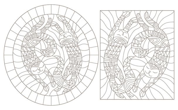 Set of contour illustrations of stained glass Windows with cute cartoon cats , dark contours on a white background - Vector, Image