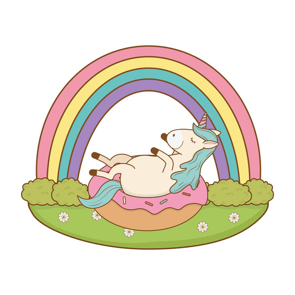 милый сказочный единорог в пончике с радугой
 - Вектор,изображение