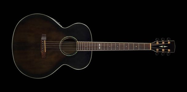 Музыкальный инструмент - Top view brown acoustic guitar on black. Есть
 - Фото, изображение