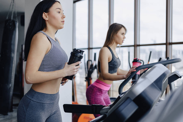 Girls in the gym are trained on treadmills and drink water, smiling - Φωτογραφία, εικόνα