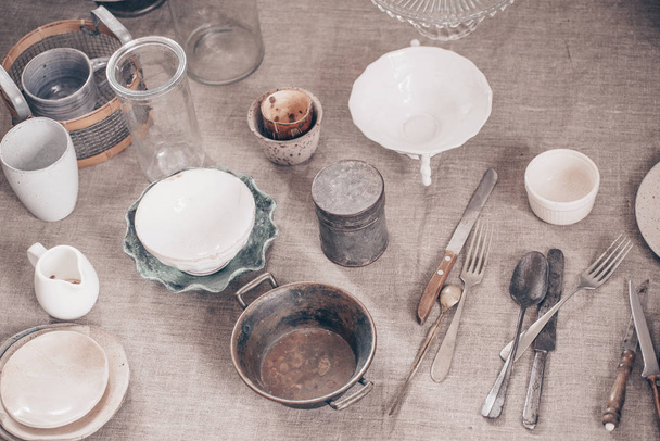Vintage kitchen utensils on grey fabric - Φωτογραφία, εικόνα