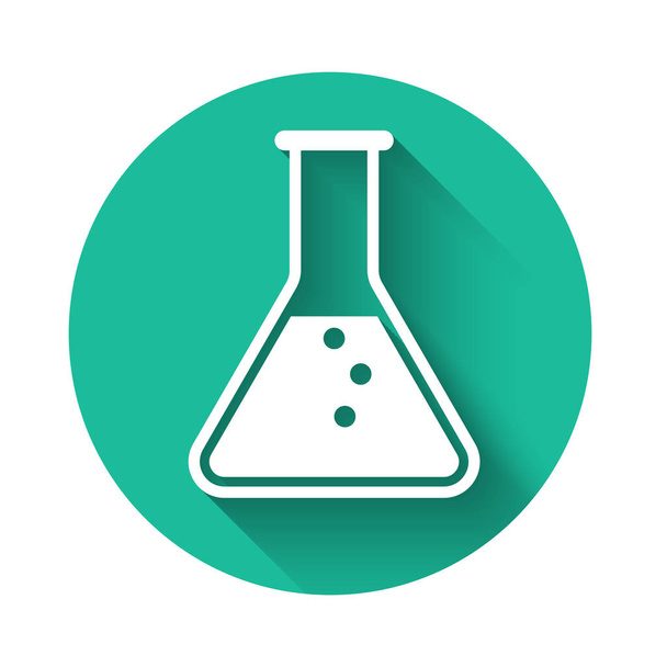 Tubo de teste branco e frasco ícone de teste de laboratório químico isolado com sombra longa. Botão de círculo verde. Ilustração vetorial
 - Vetor, Imagem