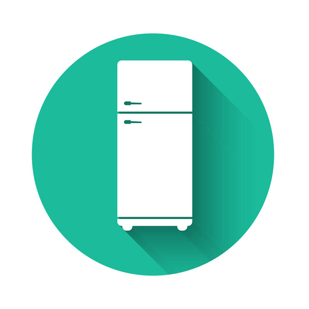 Λευκό εικονίδιο Ψυγείο απομονωμένο με μεγάλη σκιά. Ψυγείο ψυγείου. Τεχνολογία και οικιακές συσκευές. Πράσινο κουμπί κύκλου. Εικονογράφηση διανύσματος - Διάνυσμα, εικόνα