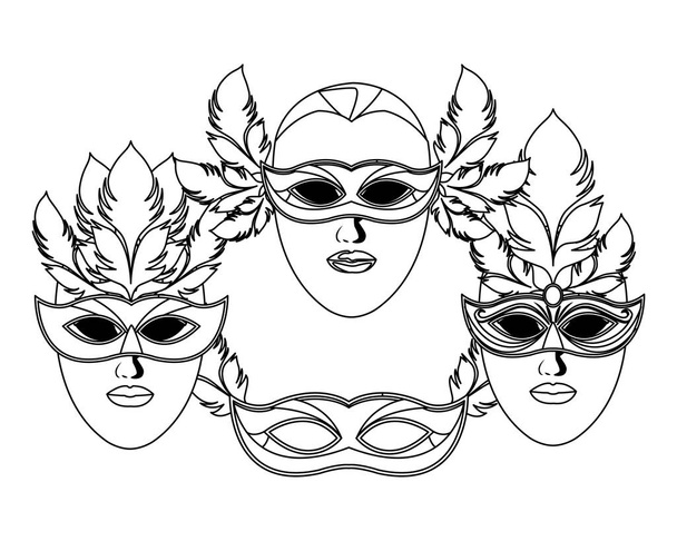 conjunto de máscaras e penas preto e branco
 - Vetor, Imagem