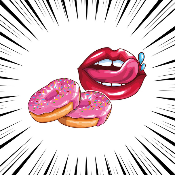 delicious donuts and sexy lips pop art - Vecteur, image
