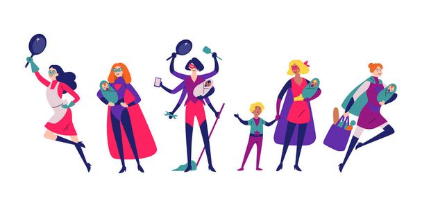 Women in superhero costumes do housework, cleaning, and raising children. - Vector, Image