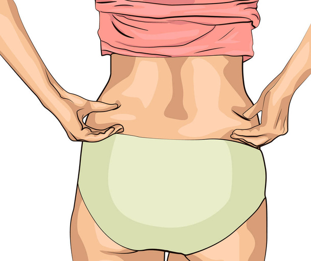 The girl clamps the folds of her sides with her hands. Women with a fat waist. - Vector, Image