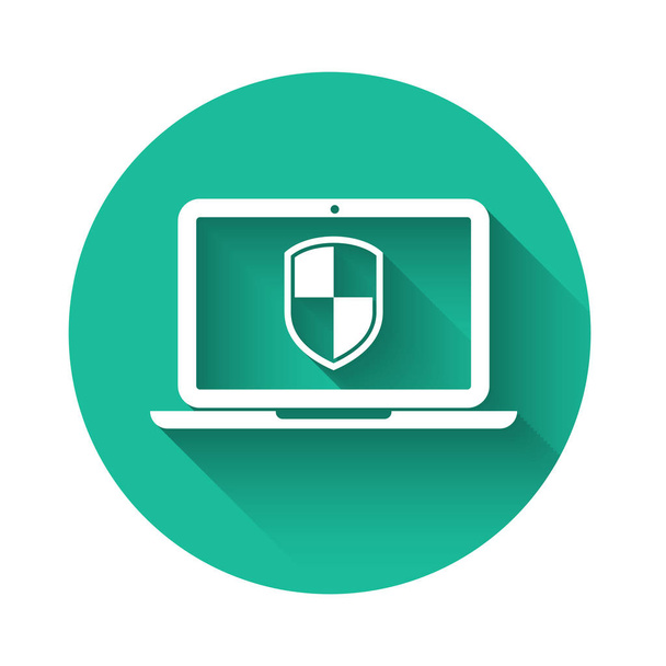 White Laptop protected with shield symbol icon isolated with long shadow. Internet security concept. PC security, firewall technology, privacy safety. Green circle button. Vector Illustration - Vector, Image