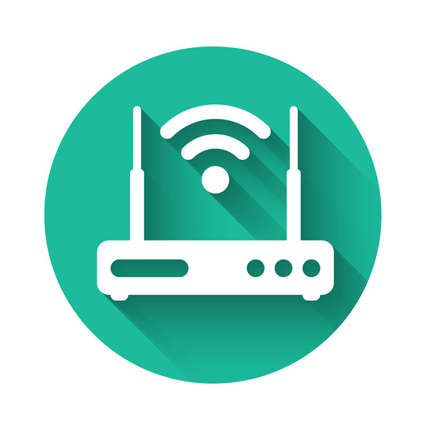 White Router and wi-fi signal symbol icon isolated with long shadow. Wireless ethernet modem router. Computer technology internet. Green circle button. Vector Illustration - Vector, Image