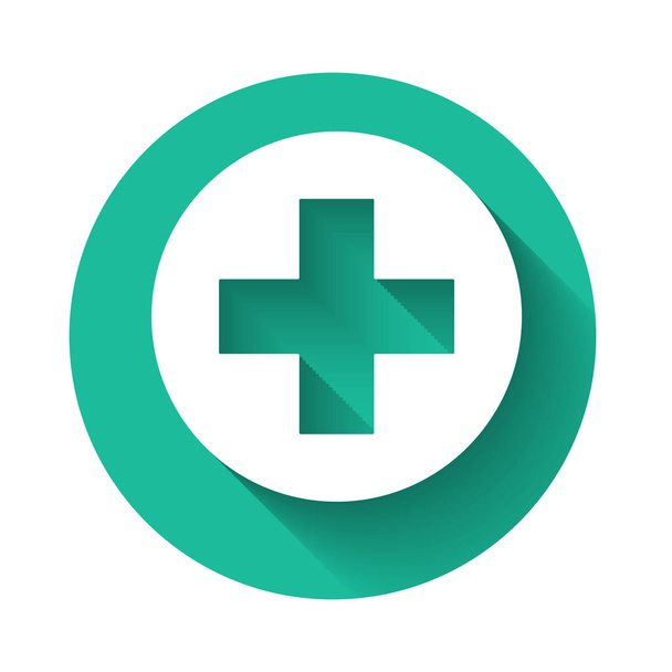 Cruz médica branca no ícone círculo isolado com sombra longa. Símbolo médico de primeiros socorros. Botão de círculo verde. Ilustração vetorial
 - Vetor, Imagem