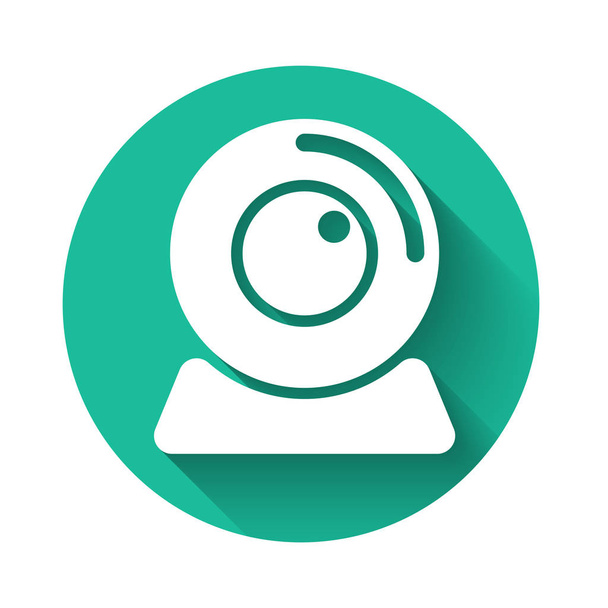 Weißes Web-Kamera-Symbol isoliert mit langem Schatten. Chat-Kamera. Webcam-Symbol. Grüner Kreis-Knopf. Vektorillustration - Vektor, Bild