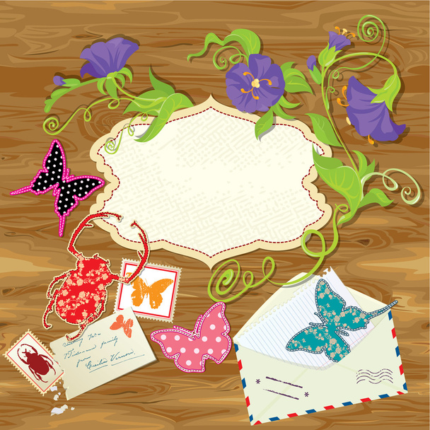 Wooden background with butterflies, beetle, flowers, mail stamps - Vektor, obrázek
