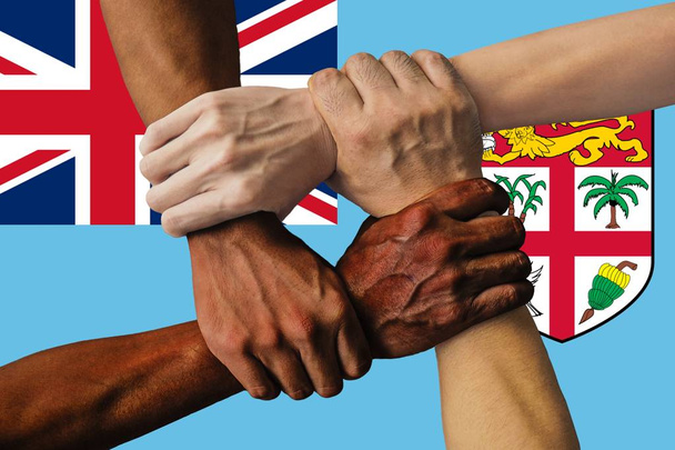 Drapeau des Fidji, intégration d'un groupe multiculturel de jeunes
 - Photo, image