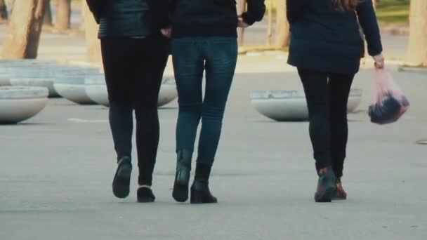 Drie onherkenbaar vrouwelijke figuren samen zijn onderweg. - Video