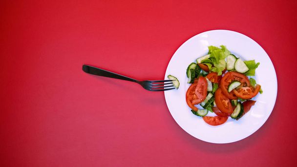 Fork with slice of cucumber on salad plate on pink background, organic food - Foto, Imagem