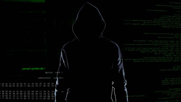 Silhouet van onverschrokken mannelijke hacker staande op geanimeerde computercode achtergrond - Foto, afbeelding