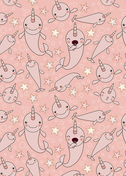 PATTERN WITH cute baby narwhal or whale unicorn - Vector, Image