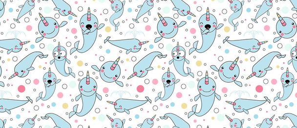 pattern with Narwhal - The unicorn of the sea - Вектор,изображение