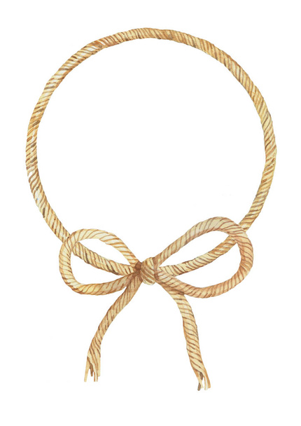 弓の結び目が付いている手描き水彩の円のロープフレーム。白い背景に分離されたイラスト。クリッピング  - 写真・画像