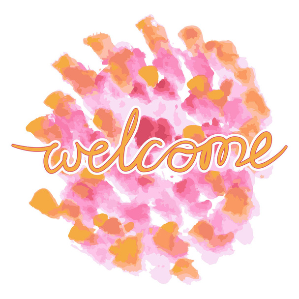 Kifejezés Welcome kézzel narancssárga, rózsaszín - Vektor, kép