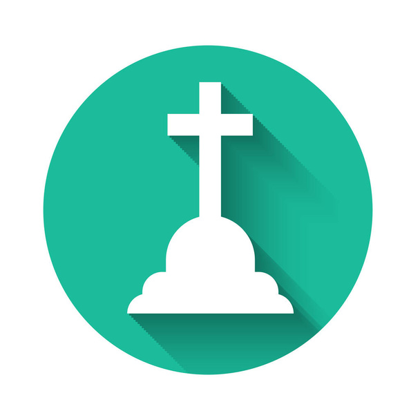 Çapraz simgesi uzun gölgeli Beyaz Tombstone. Mezar ikonu. Yeşil daire düğmesi. Vektör İllüstrasyonu - Vektör, Görsel