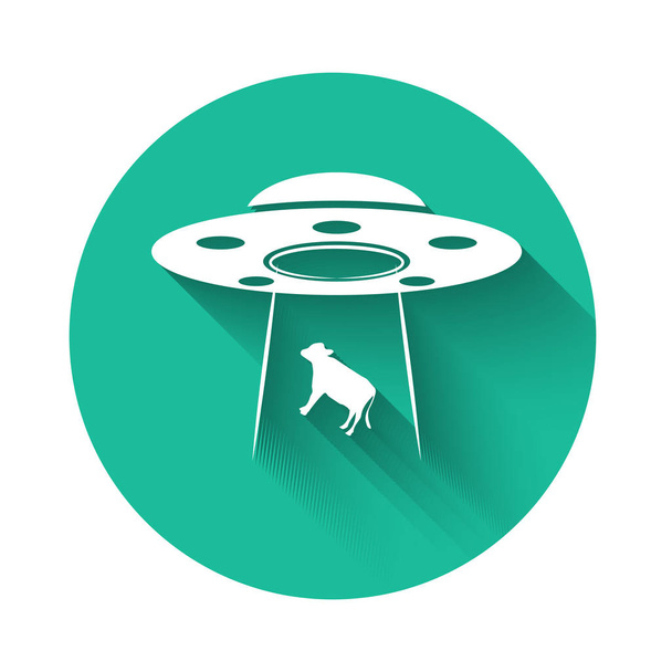 Valkoinen UFO kaappaa lehmän kuvaketta eristetty pitkä varjo. Lentävä lautanen. Muukalaisalus. Futuristinen tuntematon lentävä esine. Vihreä ympyrä nappi. Vektorikuvaus
 - Vektori, kuva
