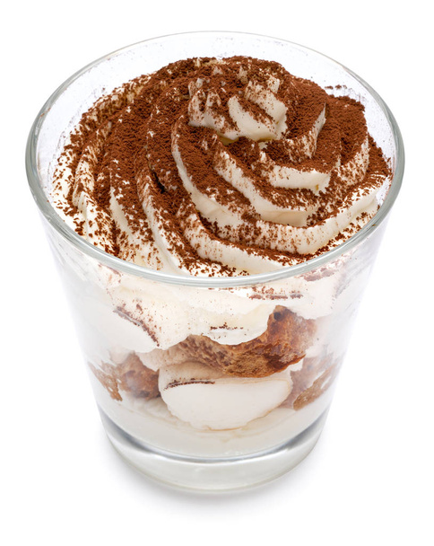 Classic tiramisu dessert in a glass isolated on a white background with clipping path - Valokuva, kuva