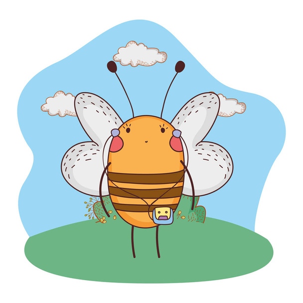 aranyos kis méh a Walkman a táborban - Vektor, kép