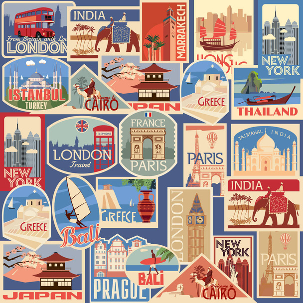 Set of travel retro labels and cards. Different countries and cities. Vector color graphics - Διάνυσμα, εικόνα