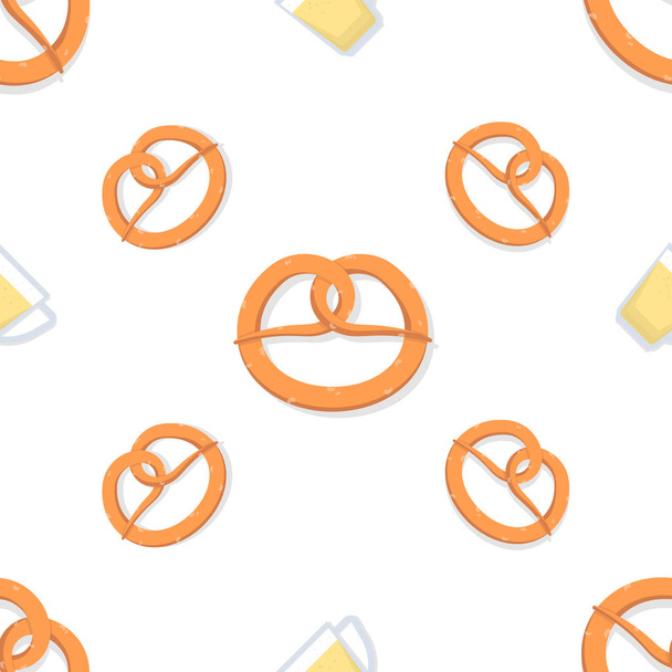 Taza con cerveza y pretzel. Patrón sin costuras. Ilustración vectorial sobre fondo blanco
. - Vector, Imagen
